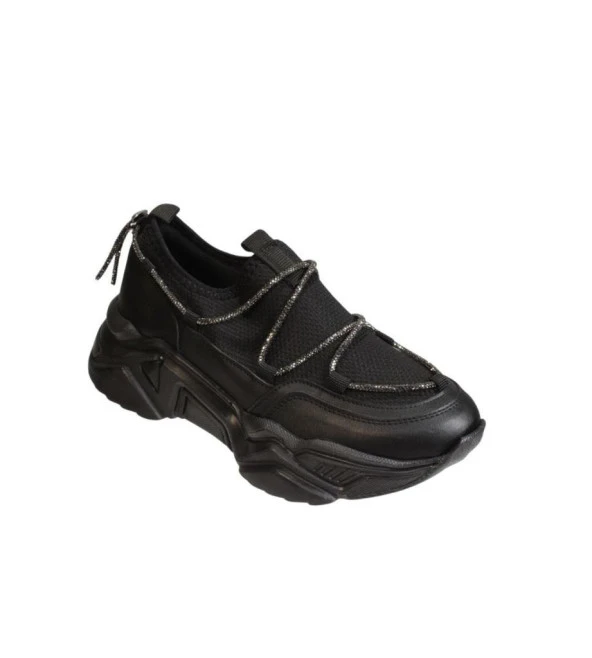 YAZKIŞ Kadın Siyah Ten Triko Kumaş Bağcıksız Üzeri Taşlı 6cm KalınComfort Taban Fashıon Spor Ayakkab