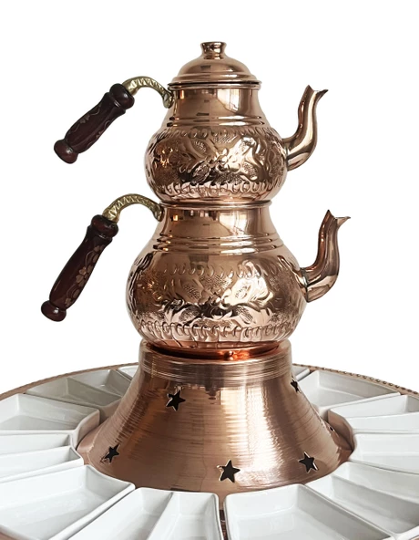 Shark Anatolia Tepsili Kahvaltı Çay Sunum Seti, El İşleme Klasik Bakır Çaydanlık, 12 Parça Porselen Tabak - 6