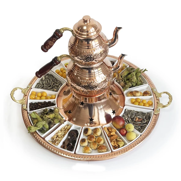 Shark Anatolia Tepsili Kahvaltı Çay Sunum Seti, El İşleme Klasik Bakır Çaydanlık, 12 Parça Porselen Tabak - 3
