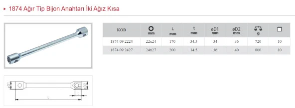 İZELTAŞ 24X27 KISA  AĞIR TİP BİJON ANAHTARI İKİ AĞIZ 1874 09 2427