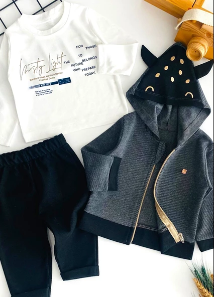 Neşeli Bebekler Kapüşonlu Hırkalı Armalı İki İp Kumaş Üçlü Takım Siyah - Resim 4