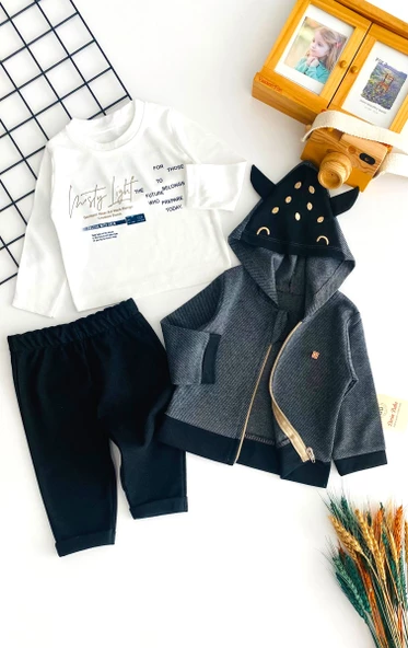 Neşeli Bebekler Kapüşonlu Hırkalı Armalı İki İp Kumaş Üçlü Takım Siyah - Resim 3