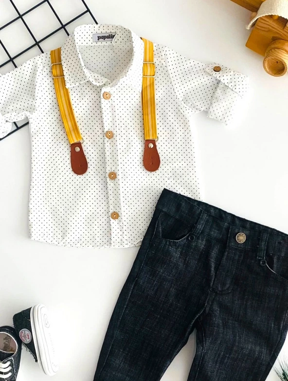 Neşeli Bebekler Pantolon Askılı Keten Pantolonlu Gömlekli Takım - 3