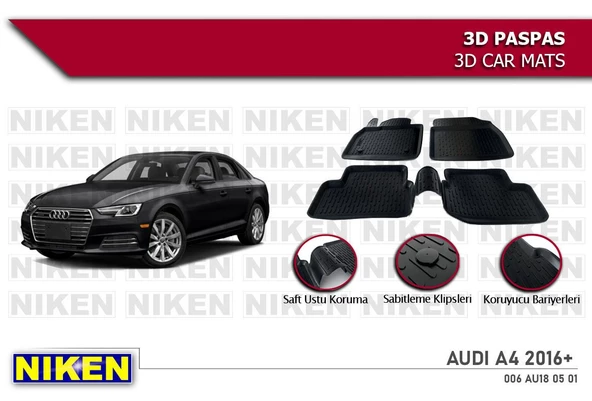 Audi A4 Havuzlu 3D Paspas Niken Siyah 2016 Sonrası ürün görseli