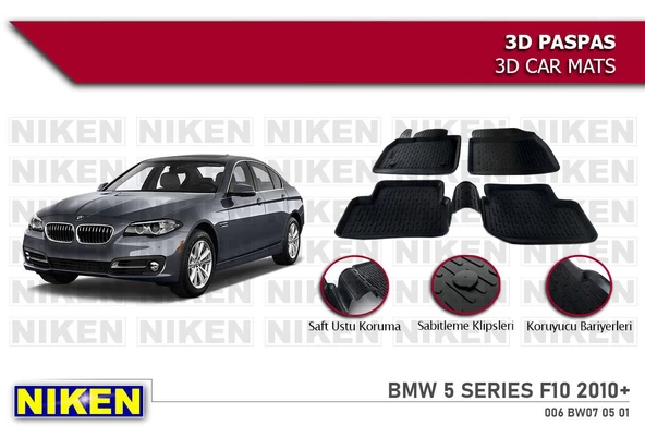Bmw 5 Serisi F10 Havuzlu 3D Paspas Niken Siyah 2010-2017 Arası ürün görseli 1