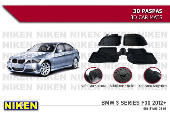 Bmw 3 Serisi F30 Havuzlu 3D Paspas Niken Siyah 2012-2018 Arası ürün görseli 1
