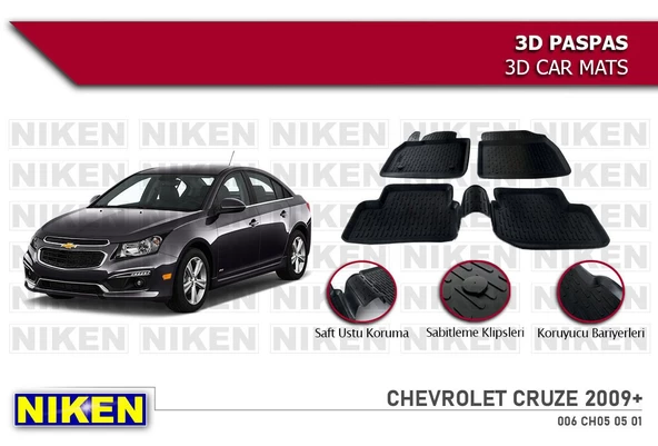 Chevrolet Cruze Havuzlu 3D Paspas Niken Siyah 2009 Sonrası ürün görseli
