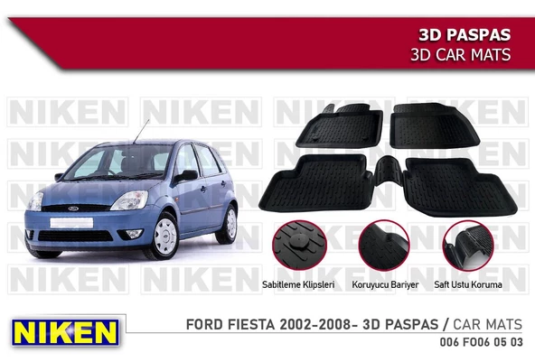 Ford Fiesta Havuzlu 3D Paspas Niken Siyah 2002-2008 Arası ürün görseli 1