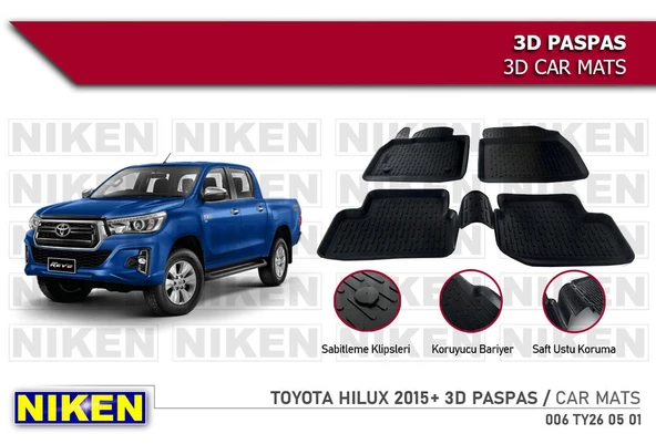 Toyota Hilux Havuzlu 3D Paspas Niken Siyah 2015+ Sonrası ürün görseli 1
