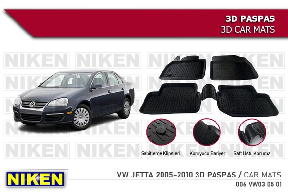Volkswagen Jetta Havuzlu 3D Paspas Niken Siyah 2004-2010 Arası ürün görseli 1