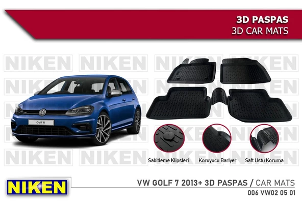 Volkswagen Golf 7 Havuzlu 3D Paspas Niken Siyah 2013+ Sonrası ürün görseli 1
