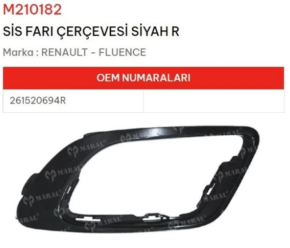 FLUENCE SİS FARI ÇERÇEVESİ SAĞ SİYAH 261520694R 261A32857R GNS