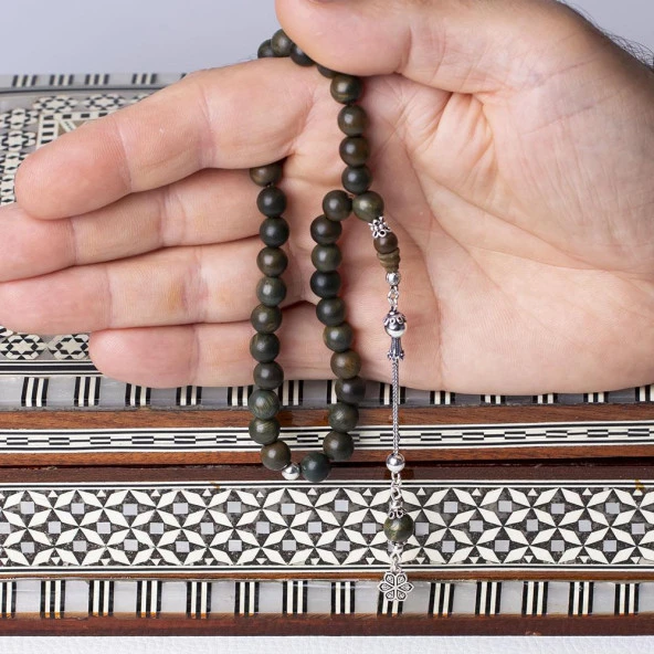 8 mm Haki Renk 925 Ayar Gümüş Püsküllü Küre Kesim Pelesenk Tesbih - 3