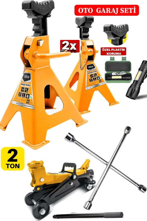 Stilmax 2Ton Kapasite Tekerlekli Arabalı Kriko + 2Ton x2Adet Sehpa Tip Kriko + Bijon Full Garaj Seti