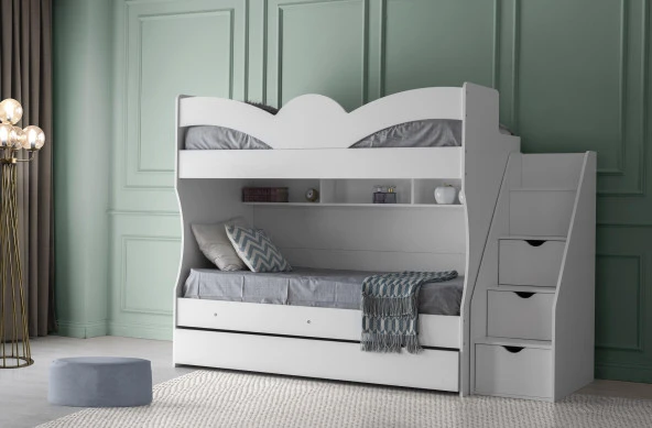 Erezoğulları Mobilya Lüx Çekmeceli Merdivenli Raflı Yavrulu Ranza Ekonomik Genç Odası Beyaz ürün görseli 1