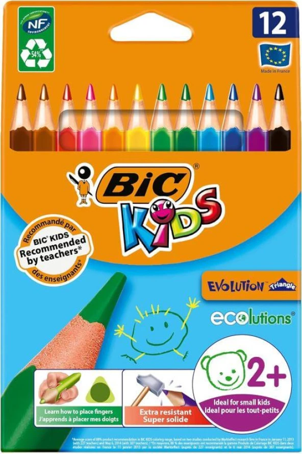 BIC Kids Evolution Üçgen Jumbo Kuru Boya Kalemi, 12'li Kutu