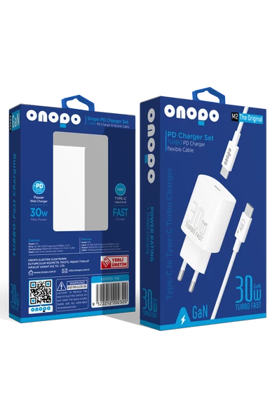 onopo 30W Turbo PD Type-C Hızlı Şarj Cihazı Adaptör + Şarj Kablosu - M2