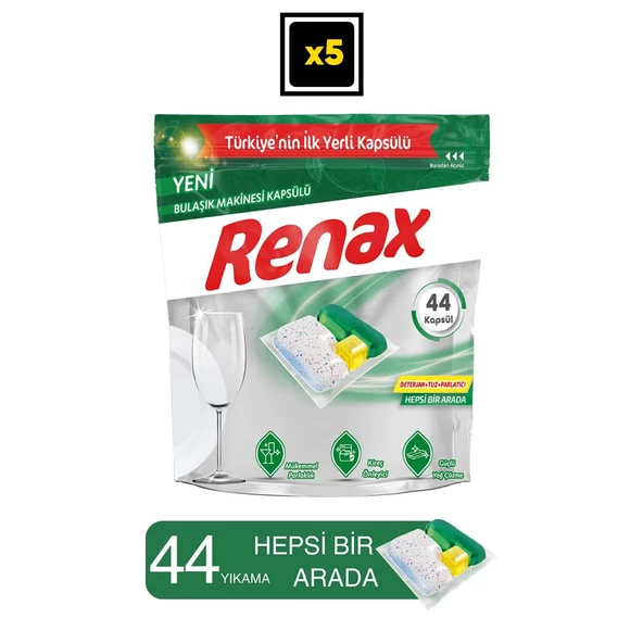 Renax Bulaşık Makinesi Kapsülü Hepsi Bir Arada 44 Lü X 5 Adet