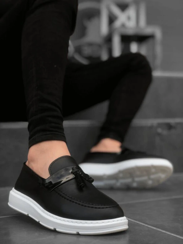 Pabucmarketi Yüksek Taban Klasik Püsküllü Erkek Ayakkabı Siyah Beyaz