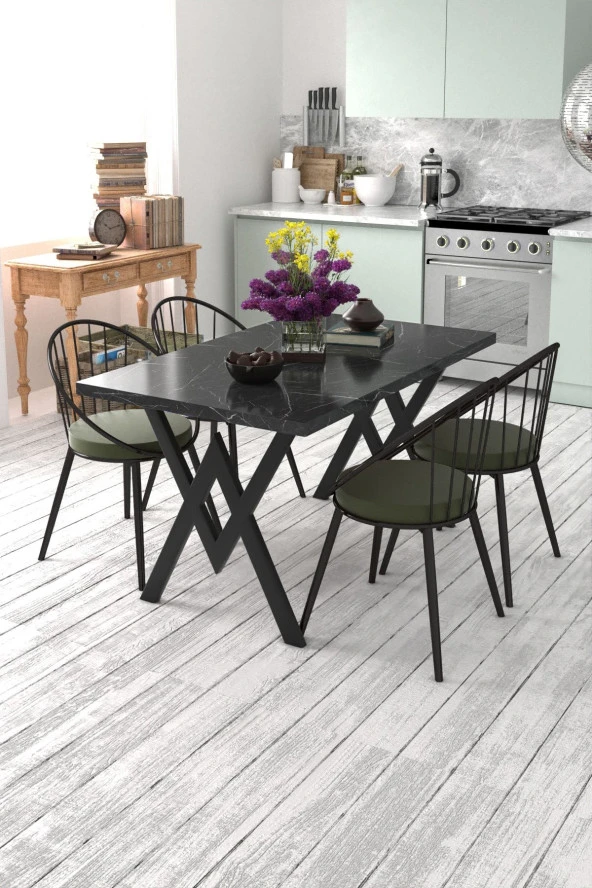 Evdemo Eylül 4 Kişilik Mutfak Masası Takımı Siyah Mermer Desen Haki ürün görseli