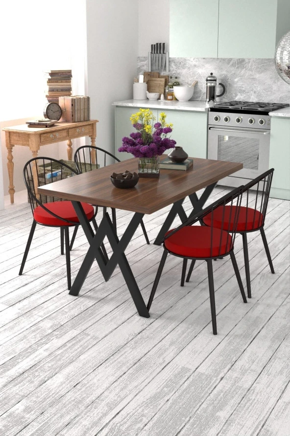 Evdemo  Eylül 4 Kişilik Mutfak Masası Takımı Ceviz Kırmızı ürün görseli