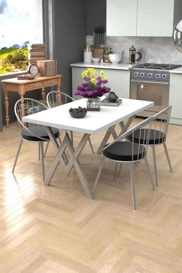 Evdemo  Beyaz Siyah Eylül Silver 4 Kişilik Mutfak Masası Takımı ürün görseli