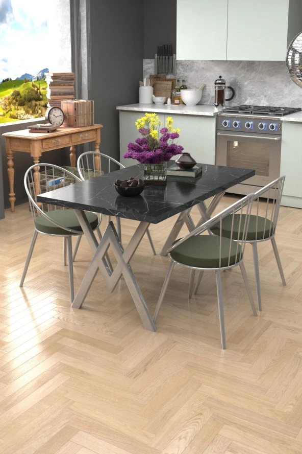 Evdemo  Mermer Haki Eylül Silver 4 Kişilik Mutfak Masası Takımı ürün görseli