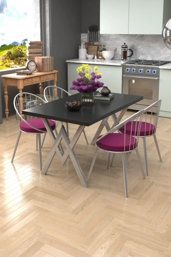 Evdemo  Siyah Mürdüm Eylül Silver 4 Kişilik Mutfak Masası Takımı ürün görseli