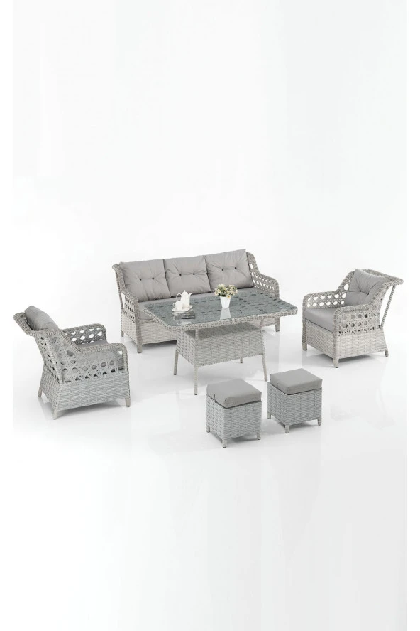 Evdemo  Eren Rattan Puflu Bahçe Balkon Takımı 3+1+1 Gri