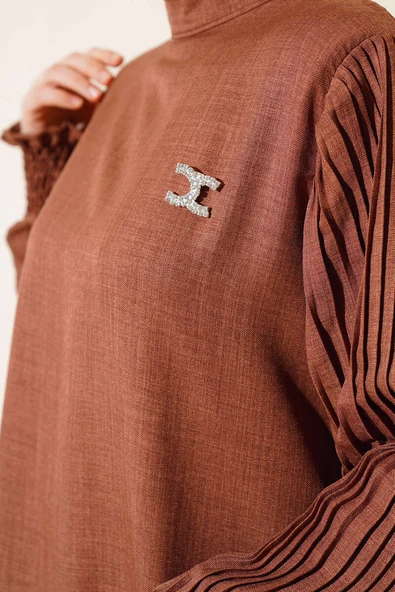 Kolları Piliseli Keten İkili Takım Kahve - Resim 4