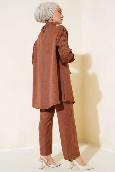 Kolları Piliseli Keten İkili Takım Kahve - Resim 3