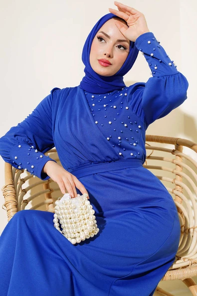 İnci Süslemeli Elbise Saks - Resim 2