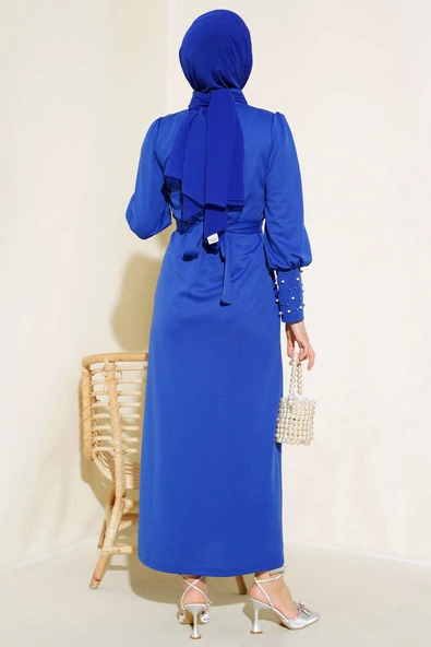 İnci Süslemeli Elbise Saks - Resim 3