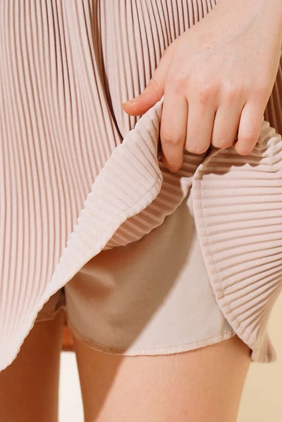 Piliseli Şort Etek Bej - Resim 4