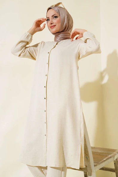 Hakim Yaka Boydan Düğmeli İkili Takım Bej - Resim 2