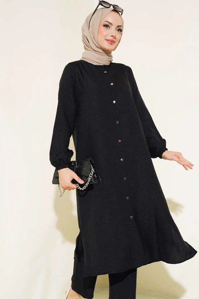 Hakim Yaka Boydan Düğmeli İkili Takım Siyah - Resim 2
