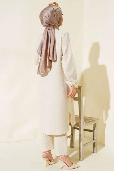 Hakim Yaka Boydan Düğmeli İkili Takım Bej - Resim 3