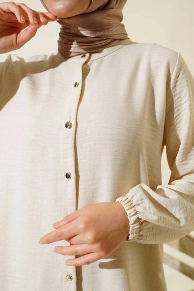 Hakim Yaka Boydan Düğmeli İkili Takım Bej - Resim 4