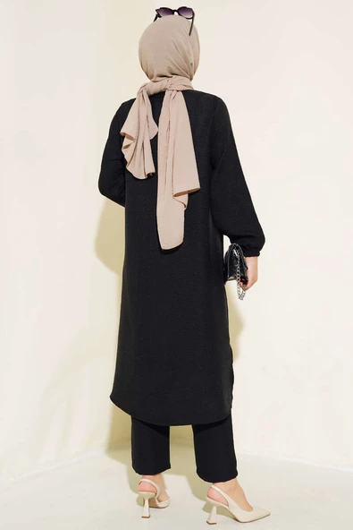 Hakim Yaka Boydan Düğmeli İkili Takım Siyah - Resim 3