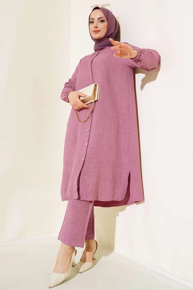 Hakim Yaka Boydan Düğmeli İkili Takım Gül Kurusu ürün görseli 1