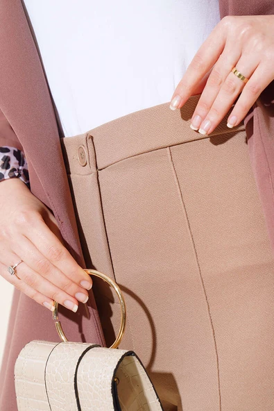 Tek Düğmeli Çımalı Pantolon Vizon - Resim 4