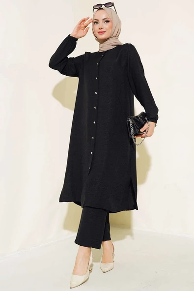 Hakim Yaka Boydan Düğmeli İkili Takım Siyah ürün görseli 1
