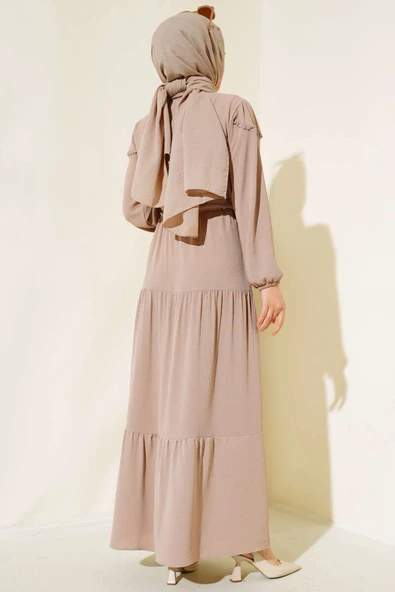 Önü Yarım Düğmeli Kat Kat Elbise Vizon - Resim 3