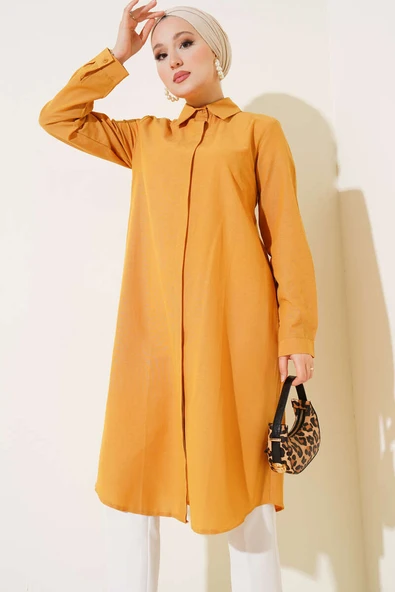 Uzun Model Klasik Yaka Tunik Hardal - Resim 2