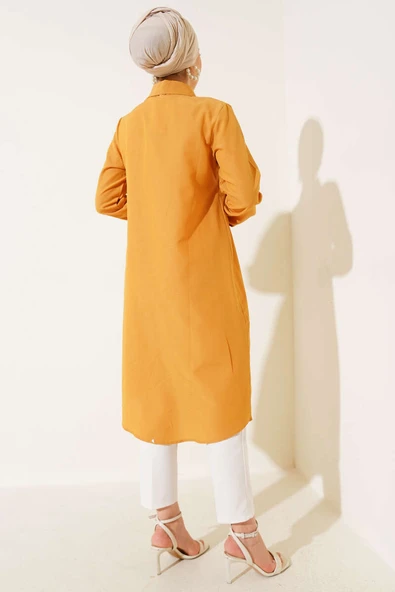 Uzun Model Klasik Yaka Tunik Hardal - Resim 3