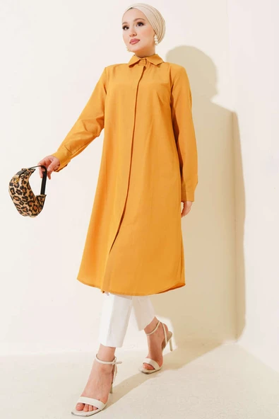 Uzun Model Klasik Yaka Tunik Hardal ürün görseli