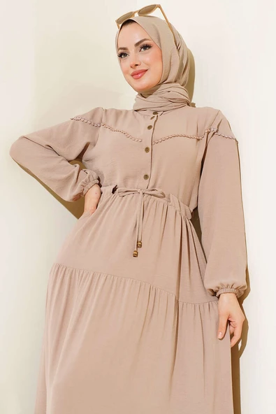 Önü Yarım Düğmeli Kat Kat Elbise Vizon - Resim 2