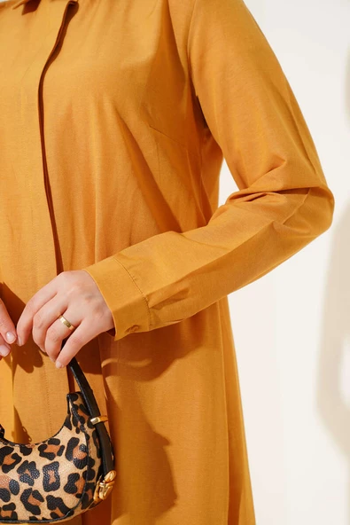 Uzun Model Klasik Yaka Tunik Hardal - Resim 4