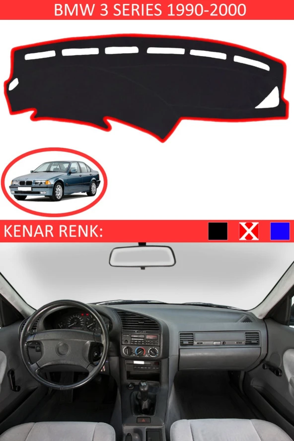 Bmw 3 Series 1990-2000 Için Uygun Torpido Koruma Halısı Siyah Kenar Renk Kırmızı - 1