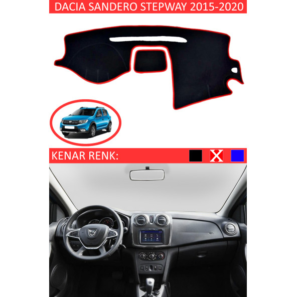 Dacia Sandero Stepway 2015-2020 Için Uygun Torpido Koruma Halısı Siyah Kenar Renk Kırmızı - 1